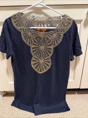 Tory Burch Navy Short-Sleeve Tee with Gold Embellished Scoop